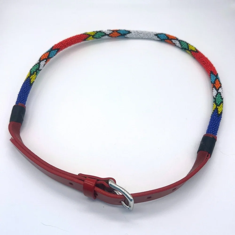 AL&C Beaded Leather Belt USA Vintage Medium Red Multicolor 1463 Native Southwest